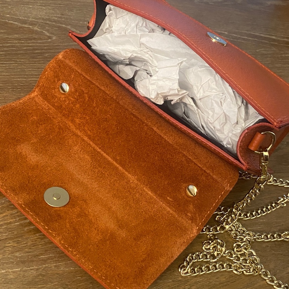 Orange Leather Handbag with Gold Chain - Picture 2 of 7